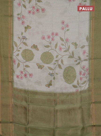 Art Linen saree pastel green and mehendi green with allover floal prints and temple design rettapet zari woven border