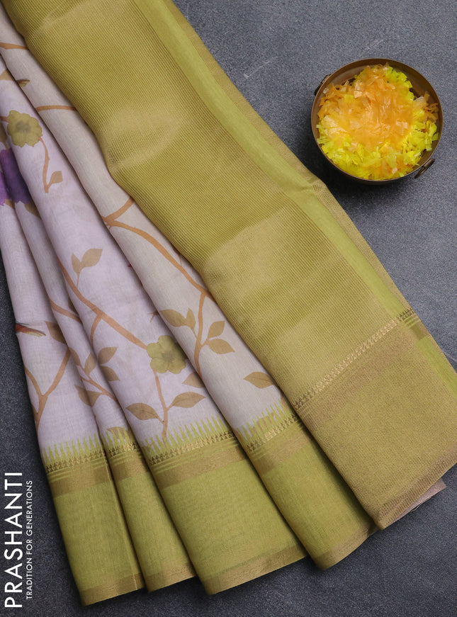Art Linen saree cream and lime green with allover floral prints and temple design rettapet zari woven border
