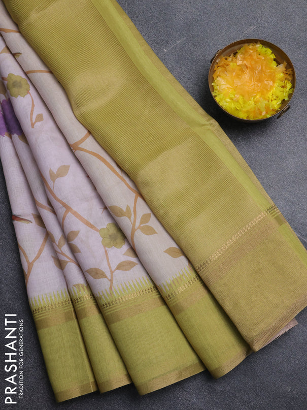 Art Linen saree cream and lime green with allover floral prints and temple design rettapet zari woven border