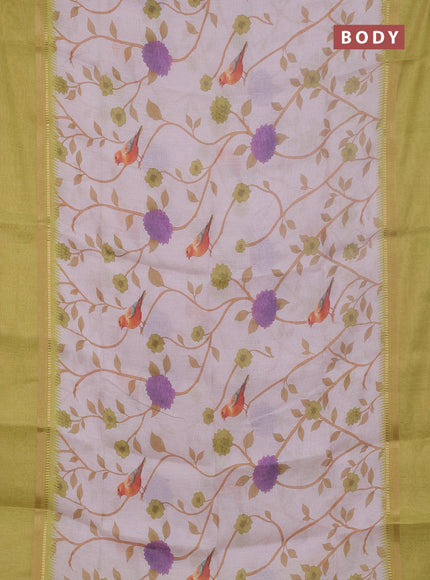 Art Linen saree cream and lime green with allover floral prints and temple design rettapet zari woven border