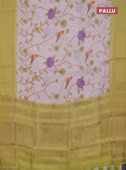 Art Linen saree cream and lime green with allover floral prints and temple design rettapet zari woven border
