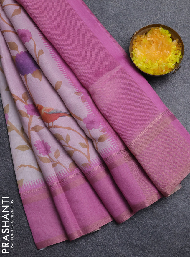 Art Linen saree pastel pink and pink with allover floral prints and temple design rettapet zari woven border
