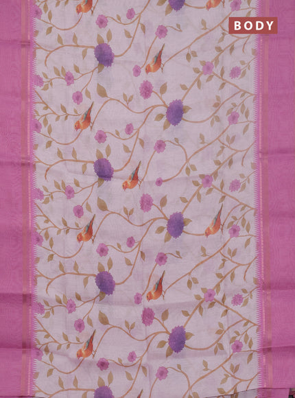 Art Linen saree pastel pink and pink with allover floral prints and temple design rettapet zari woven border