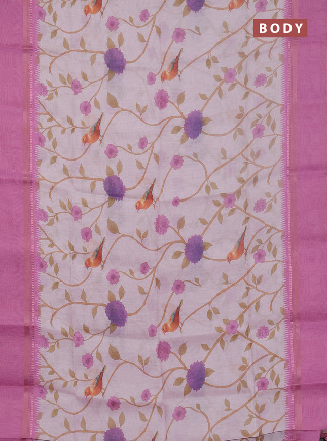 Art Linen saree pastel pink and pink with allover floral prints and temple design rettapet zari woven border