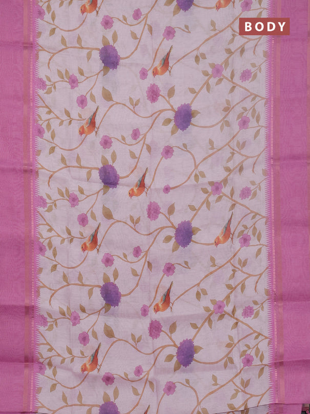 Art Linen saree pastel pink and pink with allover floral prints and temple design rettapet zari woven border