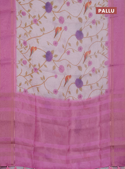 Art Linen saree pastel pink and pink with allover floral prints and temple design rettapet zari woven border