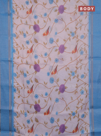 Art Linen saree pastel blue and blue shade with allover floral prints and temple design rettapet zari woven border