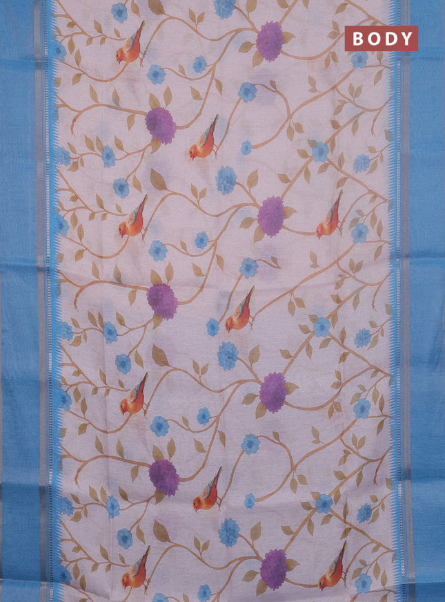 Art Linen saree pastel blue and blue shade with allover floral prints and temple design rettapet zari woven border
