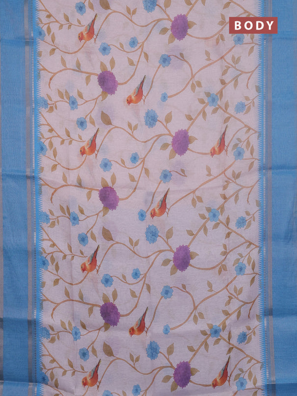 Art Linen saree pastel blue and blue shade with allover floral prints and temple design rettapet zari woven border