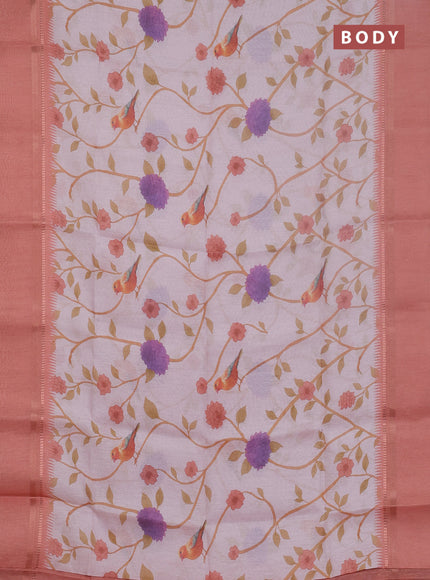 Art Linen saree peach shade with allover floral prints and temple design rettapet zari woven border