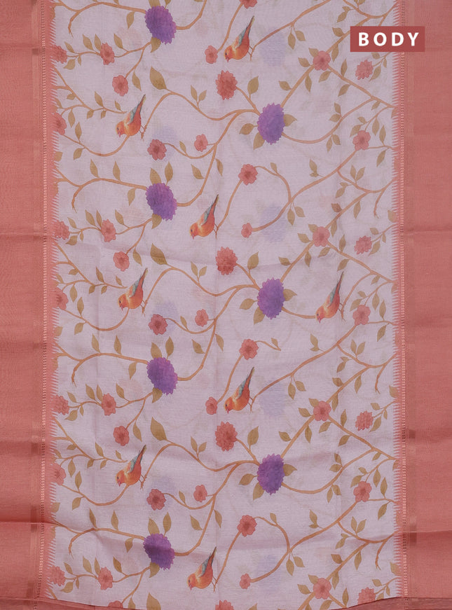 Art Linen saree peach shade with allover floral prints and temple design rettapet zari woven border