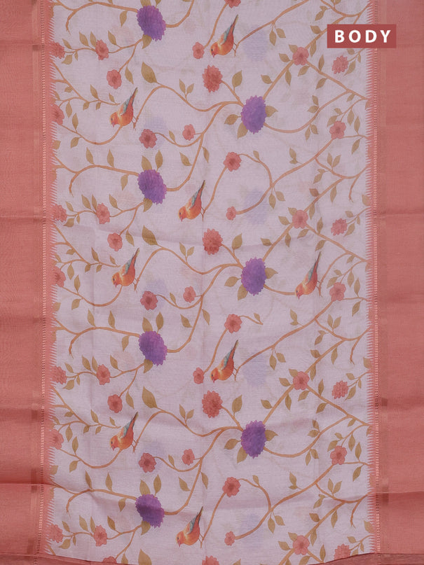 Art Linen saree peach shade with allover floral prints and temple design rettapet zari woven border