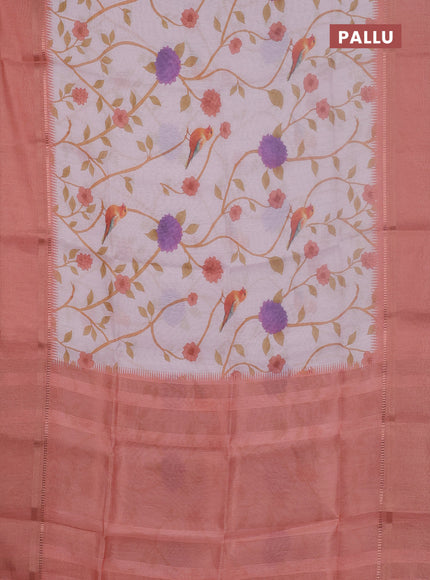 Art Linen saree peach shade with allover floral prints and temple design rettapet zari woven border