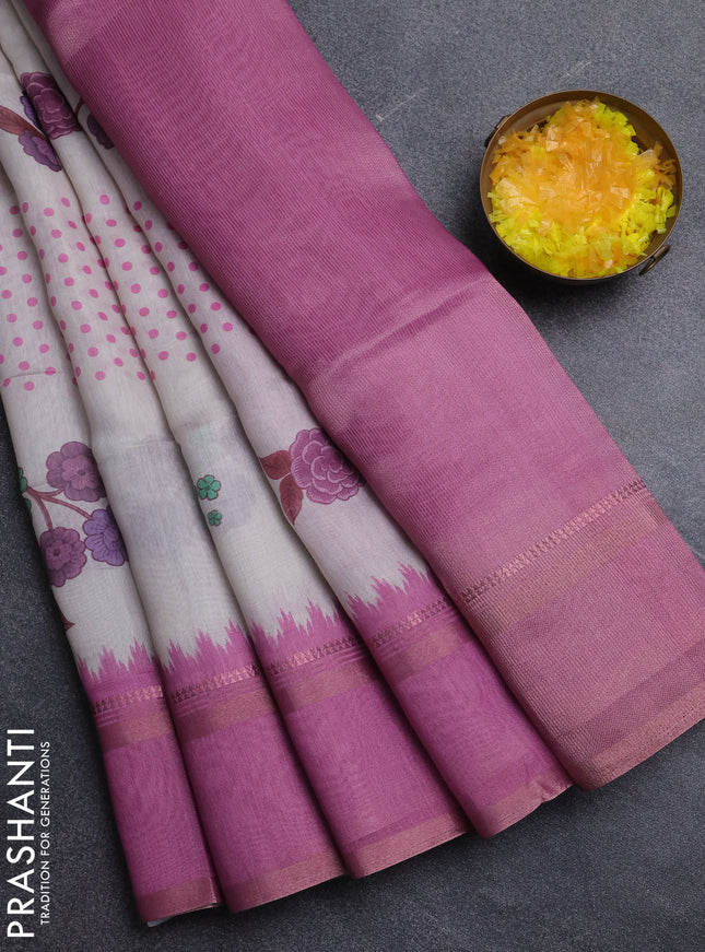 Art Linen saree mauve pink with allover floral prints and temple design rettapet zari woven border