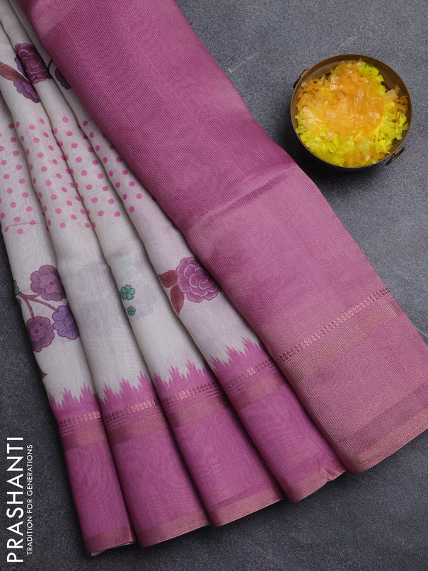Art Linen saree mauve pink with allover floral prints and temple design rettapet zari woven border