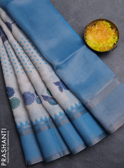 Art Linen saree pastel blue and blue with allover floral prints and temple design rettapet zari woven border