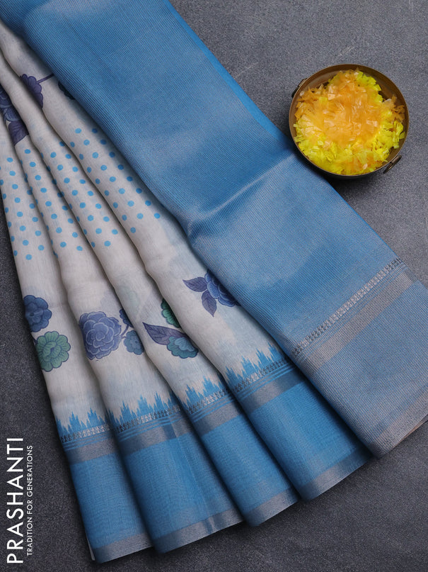 Art Linen saree pastel blue and blue with allover floral prints and temple design rettapet zari woven border