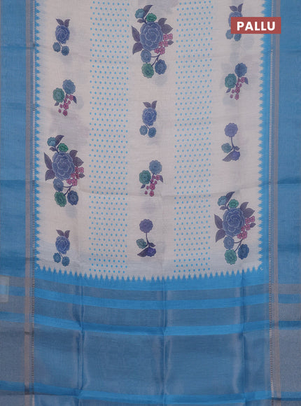 Art Linen saree pastel blue and blue with allover floral prints and temple design rettapet zari woven border