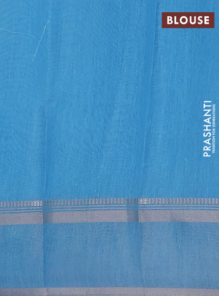 Art Linen saree pastel blue and blue with allover floral prints and temple design rettapet zari woven border