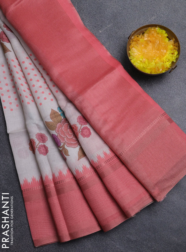 Art Linen saree peach shade with allover floral prints and temple design rettapet zari woven border