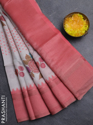 Art Linen saree peach shade with allover floral prints and temple design rettapet zari woven border