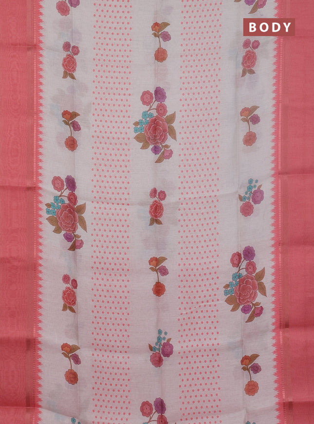 Art Linen saree peach shade with allover floral prints and temple design rettapet zari woven border
