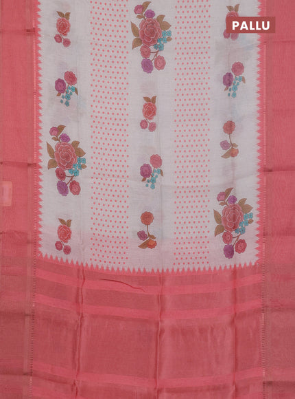 Art Linen saree peach shade with allover floral prints and temple design rettapet zari woven border