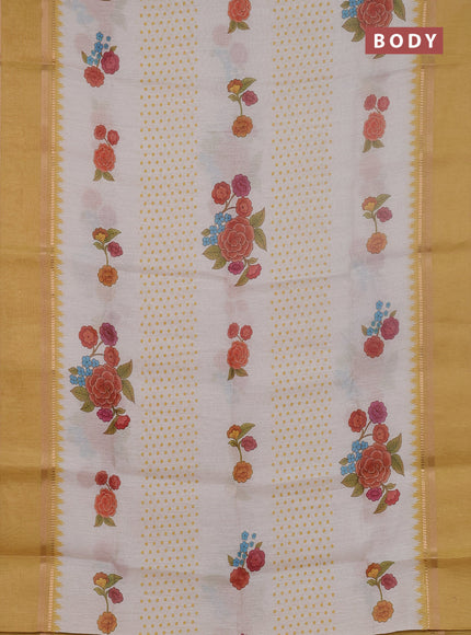 Art Linen saree mustard yellow with allover floral prints and temple design rettapet zari woven border
