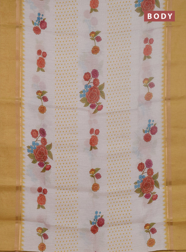 Art Linen saree mustard yellow with allover floral prints and temple design rettapet zari woven border