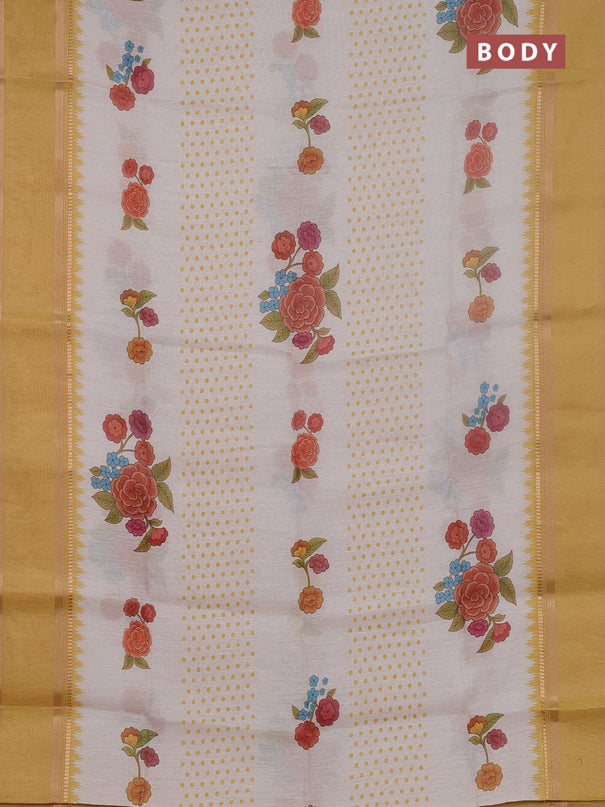 Art Linen saree mustard yellow with allover floral prints and temple design rettapet zari woven border
