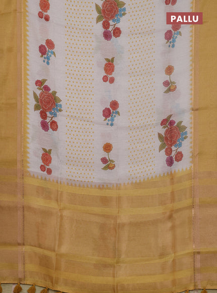 Art Linen saree mustard yellow with allover floral prints and temple design rettapet zari woven border