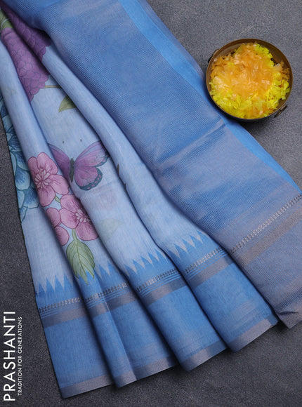 Art Linen saree pastel blue and blue with allover floral prints and temple design rettapet zari woven border