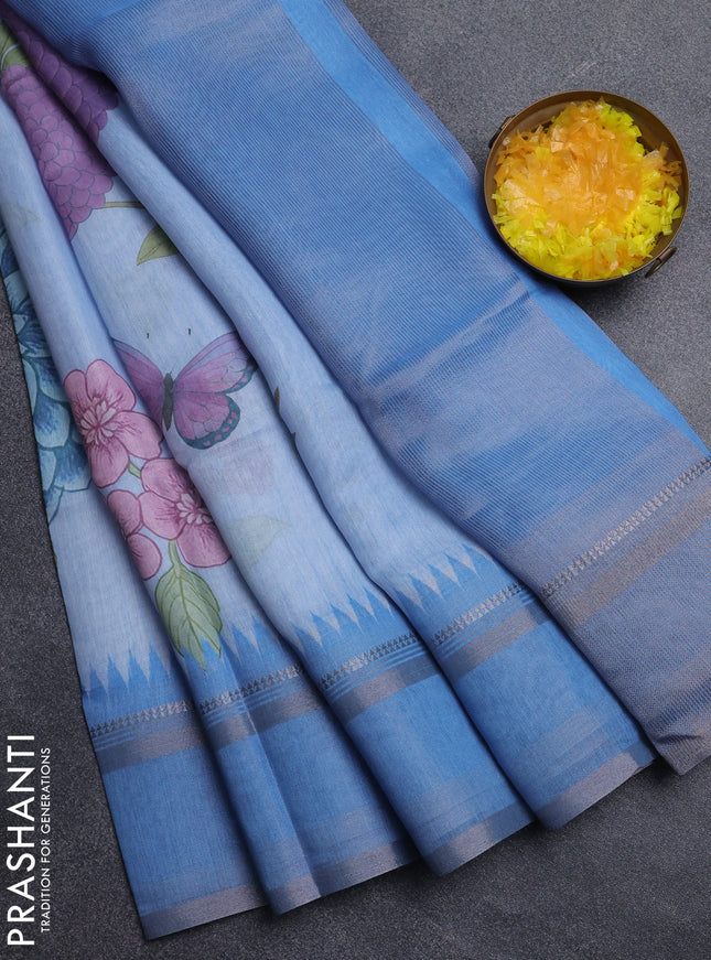 Art Linen saree pastel blue and blue with allover floral prints and temple design rettapet zari woven border