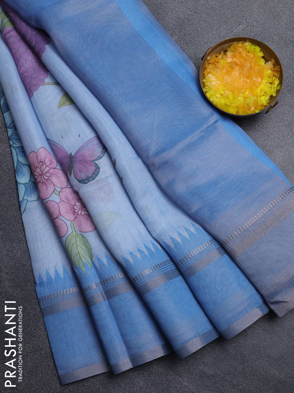 Art Linen saree pastel blue and blue with allover floral prints and temple design rettapet zari woven border