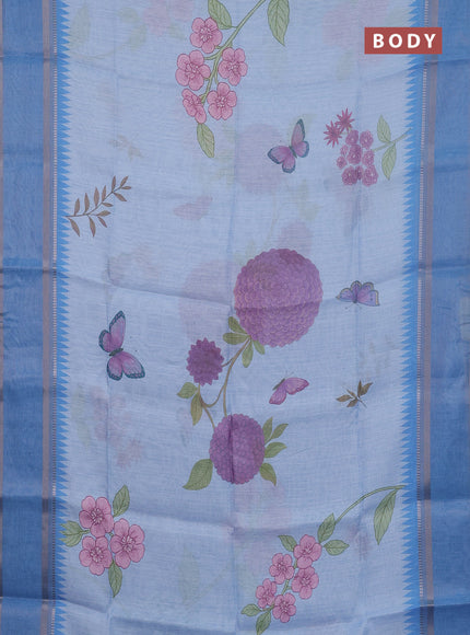 Art Linen saree pastel blue and blue with allover floral prints and temple design rettapet zari woven border