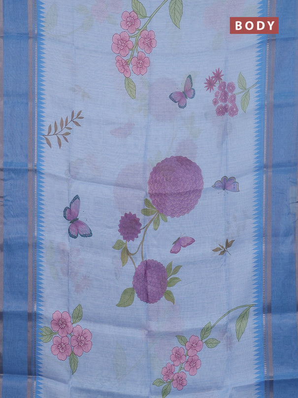 Art Linen saree pastel blue and blue with allover floral prints and temple design rettapet zari woven border