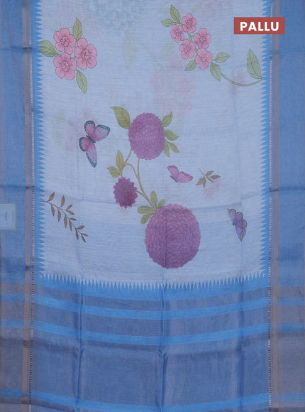 Art Linen saree pastel blue and blue with allover floral prints and temple design rettapet zari woven border
