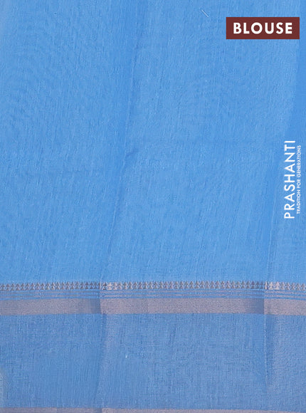 Art Linen saree pastel blue and blue with allover floral prints and temple design rettapet zari woven border