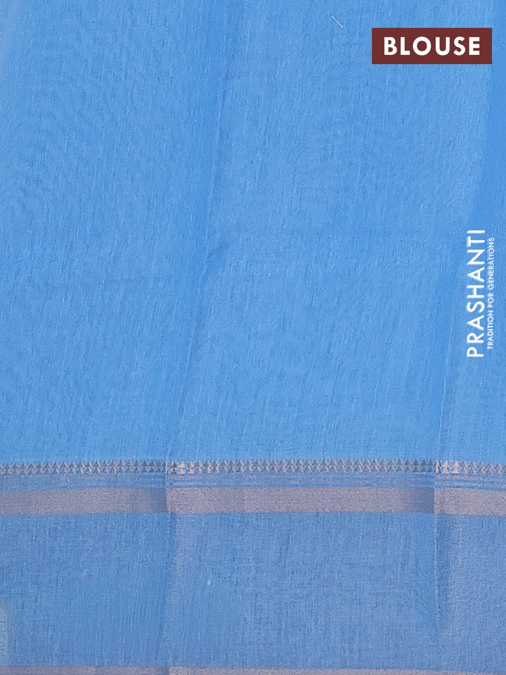 Art Linen saree pastel blue and blue with allover floral prints and temple design rettapet zari woven border