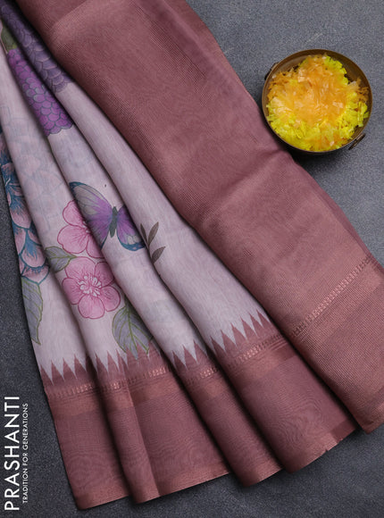 Art Linen saree pastel brown with allover floral prints and temple design rettapet zari woven border