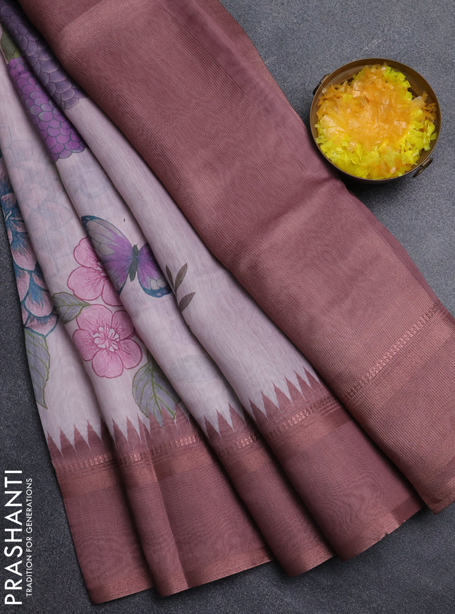 Art Linen saree pastel brown with allover floral prints and temple design rettapet zari woven border