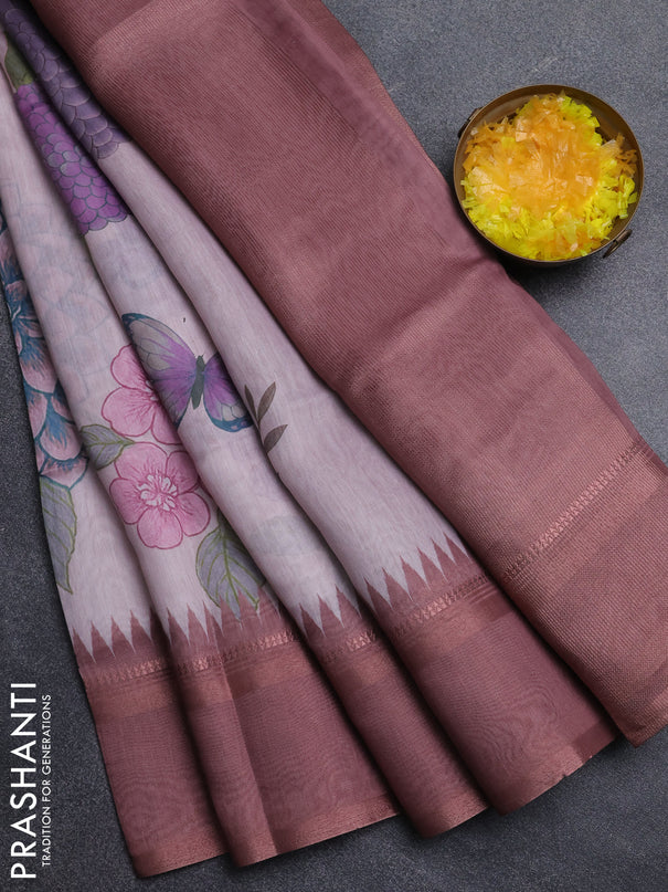 Art Linen saree pastel brown with allover floral prints and temple design rettapet zari woven border