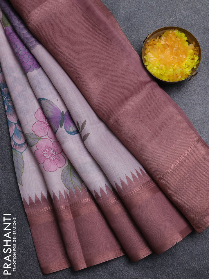 Art Linen saree pastel brown with allover floral prints and temple design rettapet zari woven border