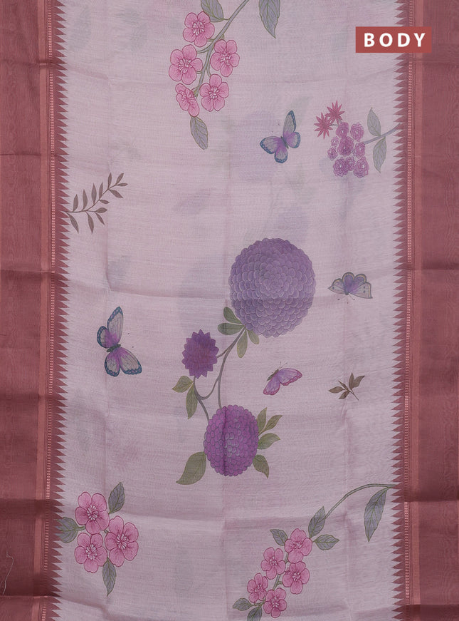 Art Linen saree pastel brown with allover floral prints and temple design rettapet zari woven border