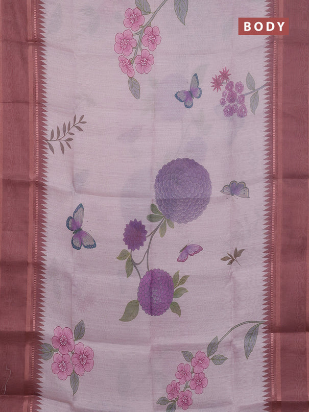 Art Linen saree pastel brown with allover floral prints and temple design rettapet zari woven border
