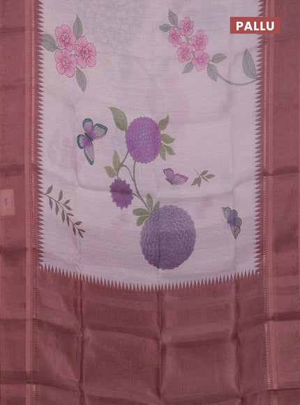 Art Linen saree pastel brown with allover floral prints and temple design rettapet zari woven border