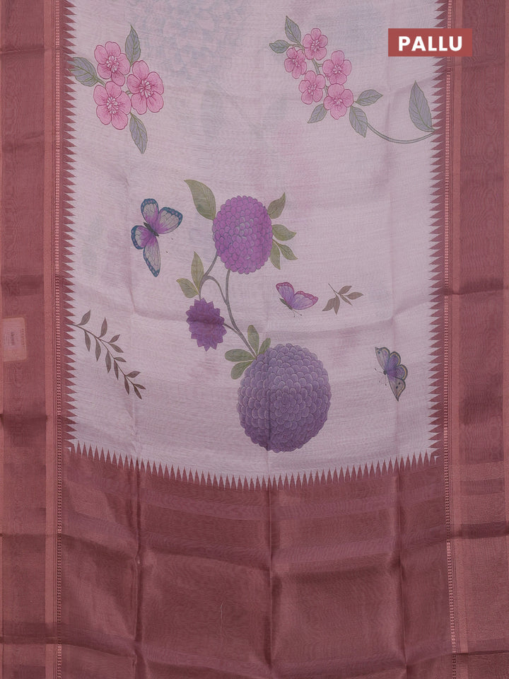 Art Linen saree pastel brown with allover floral prints and temple design rettapet zari woven border