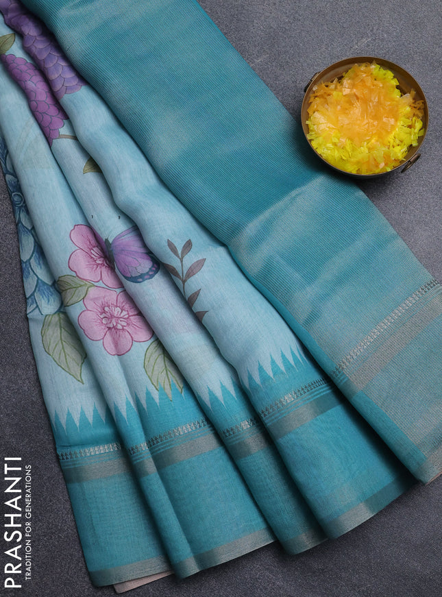 Art Linen saree teal green with allover floral prints and temple design rettapet zari woven border