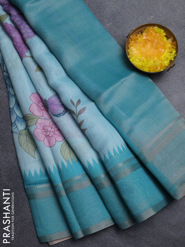 Art Linen saree teal green with allover floral prints and temple design rettapet zari woven border