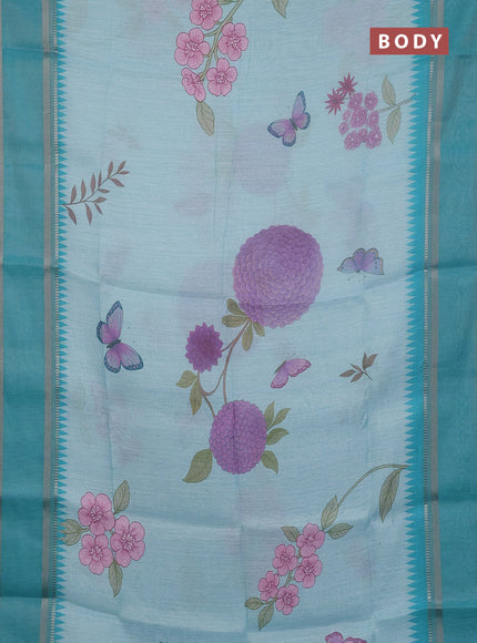 Art Linen saree teal green with allover floral prints and temple design rettapet zari woven border
